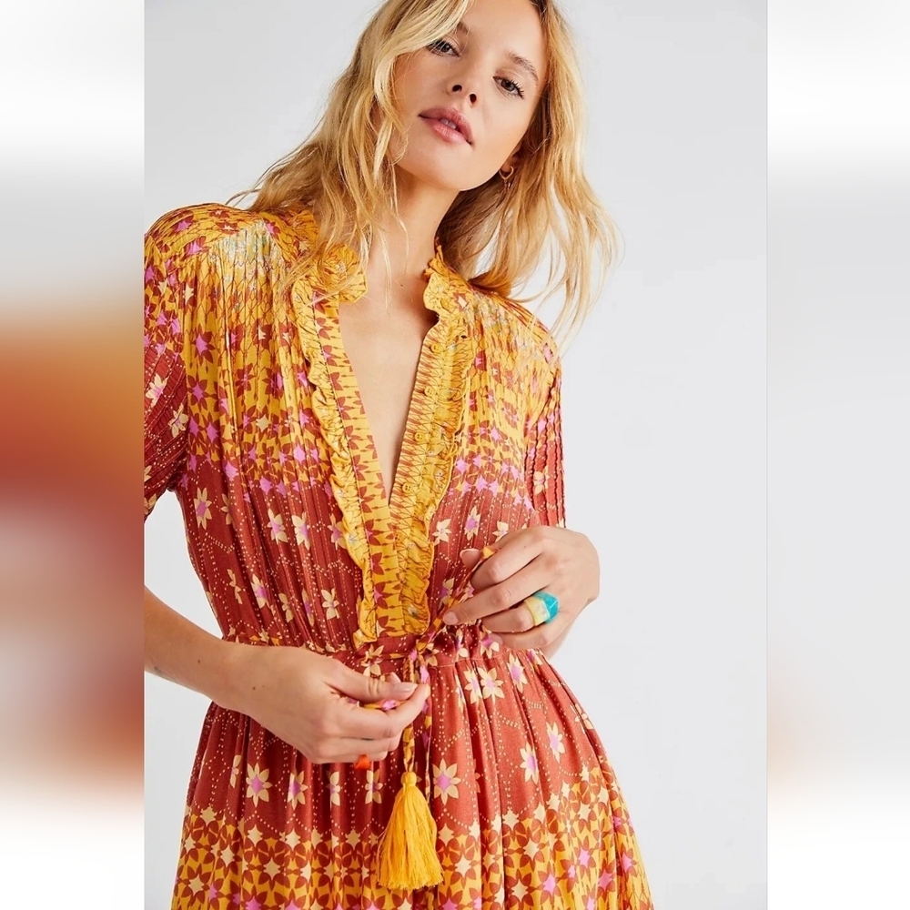 Free People Floral Rare Feelings Maxi Dress Orange & Fuchsia Boho Print Gauze - Picture 2 of 13